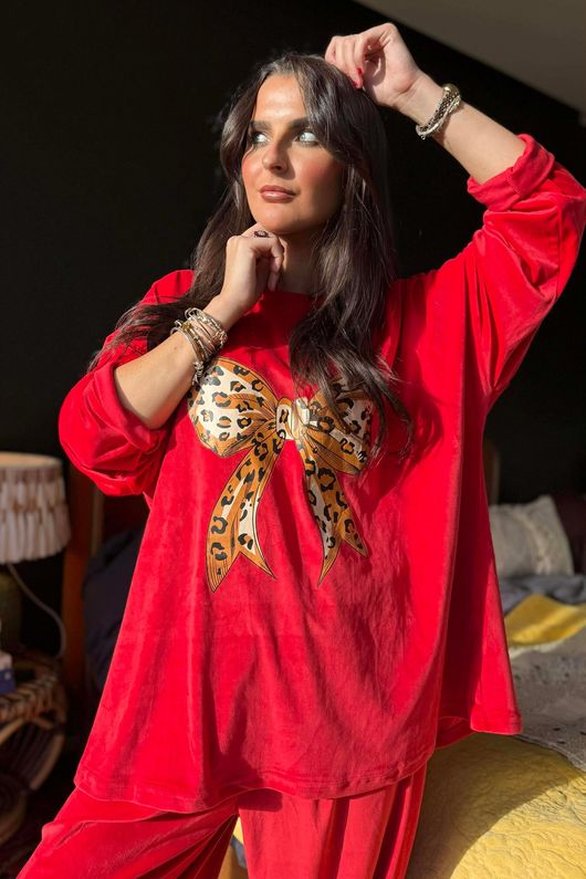 Binky Bow Soft Stretch Velour Lounge Suit Ruby